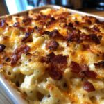 Close-up of Ultimate Cheesy Bacon Mac and Cheese, with crispy bacon topping.