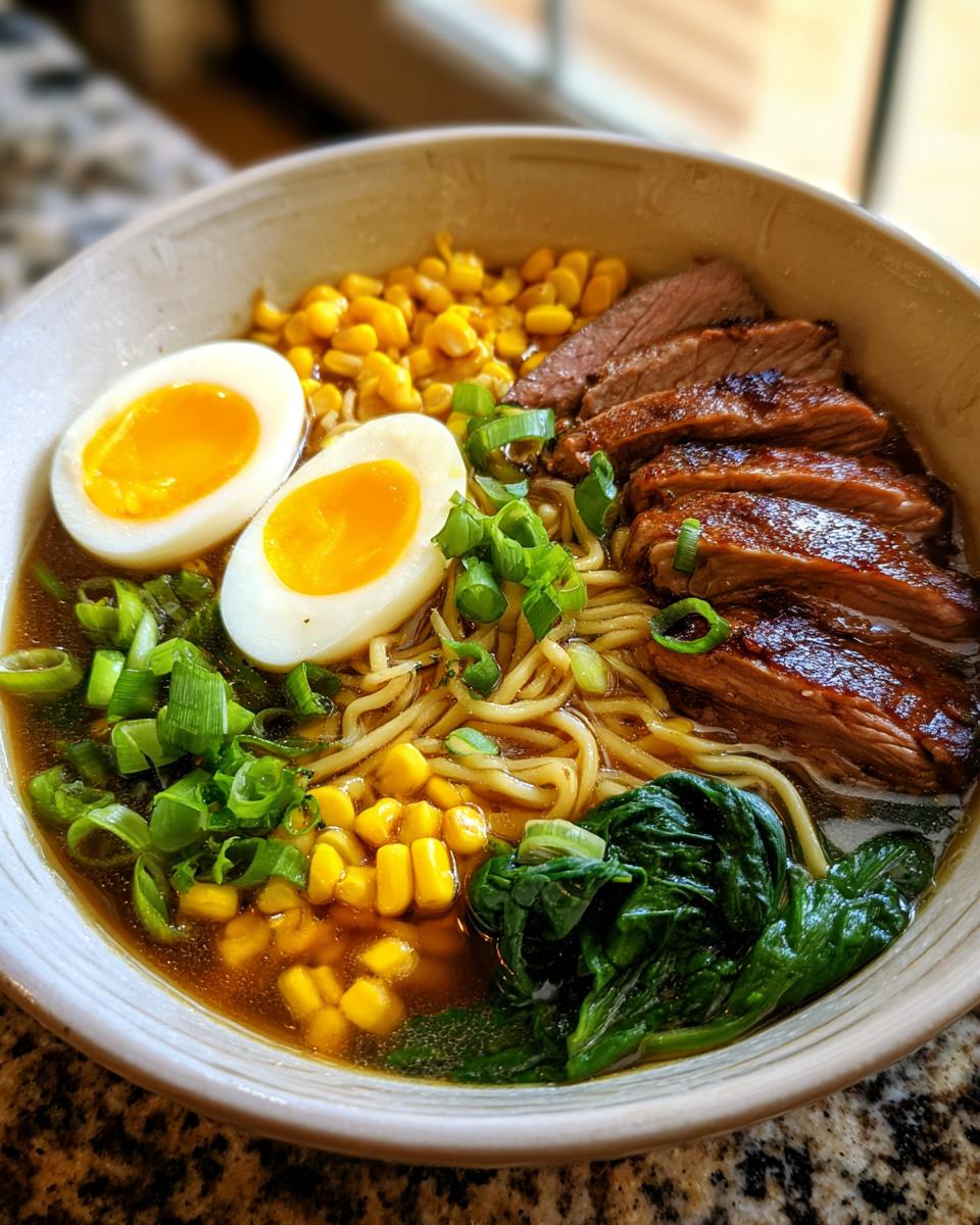 A beautiful Upgraded Ramen Bowl with Garlic Butter, featuring noodles, egg, meat, and vegetables.