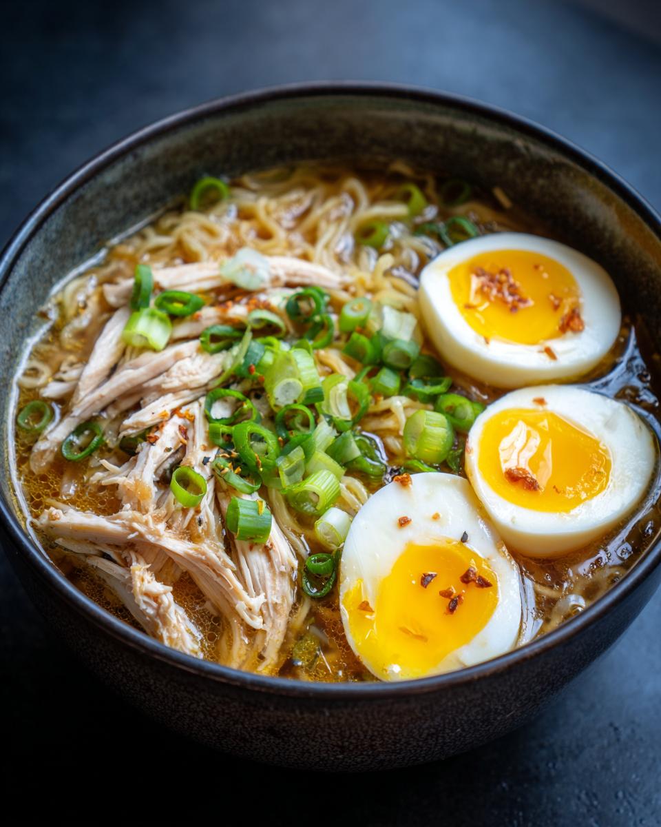 Close-up of an Upgraded Ramen Bowl with Garlic Butter, chicken, and soft boiled eggs.