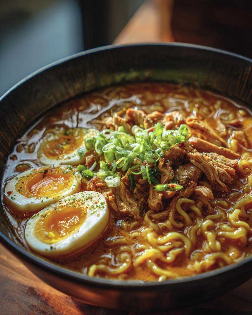 Close-up of an Upgraded Ramen Bowl with Garlic Butter, featuring noodles, eggs, and meat.