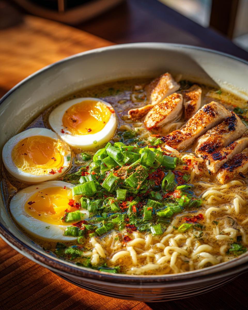 Close-up of an Upgraded Ramen Bowl with Garlic Butter, featuring noodles, eggs, and chicken.