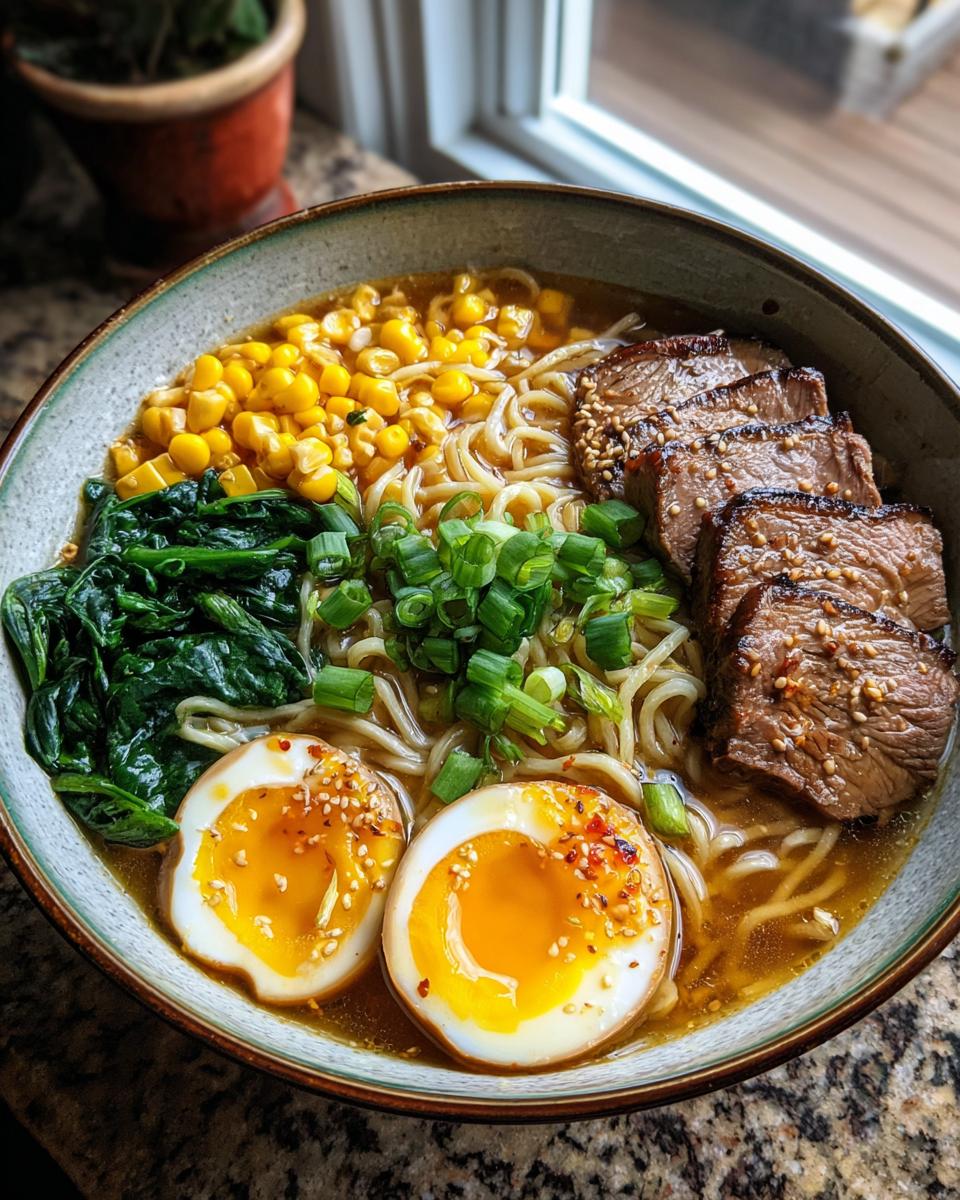 A beautifully presented Upgraded Ramen Bowl with Garlic Butter, featuring noodles, meat, eggs, and vegetables.