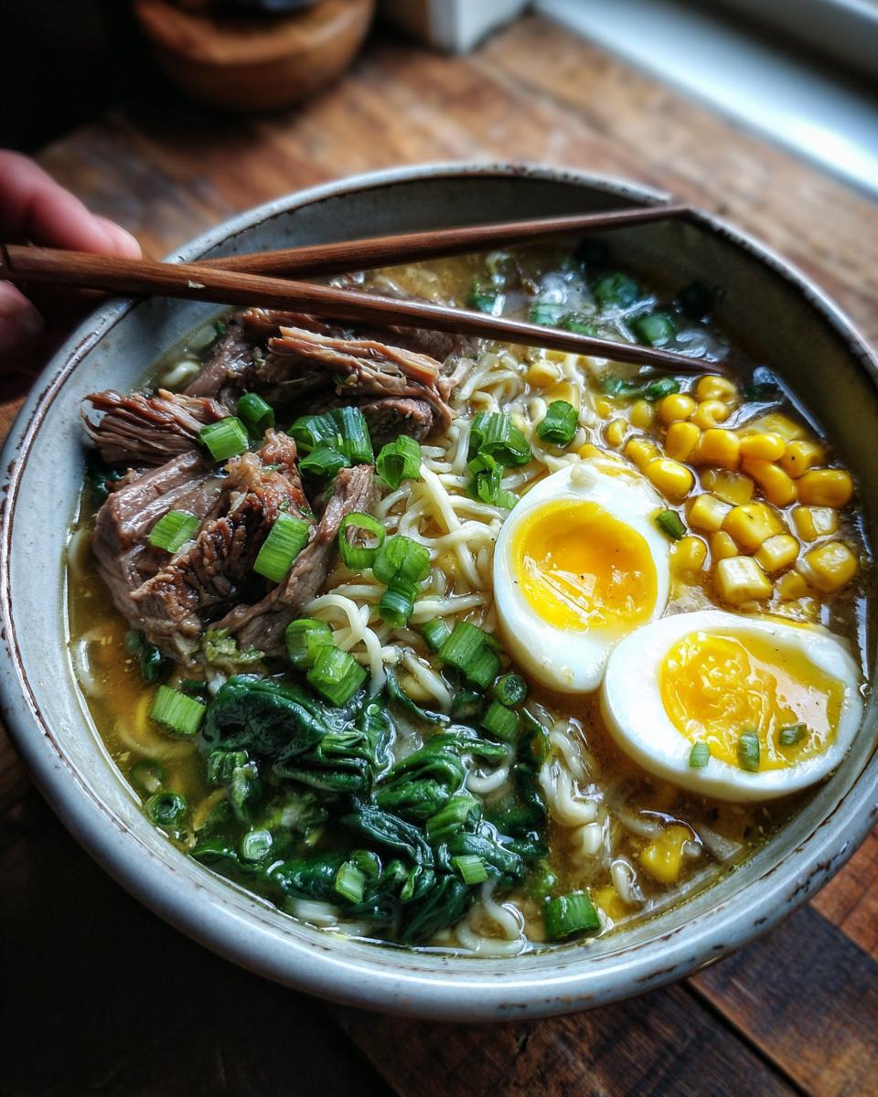 A close-up of an Upgraded Ramen Bowl with Garlic Butter, featuring noodles, egg, meat, and vegetables.