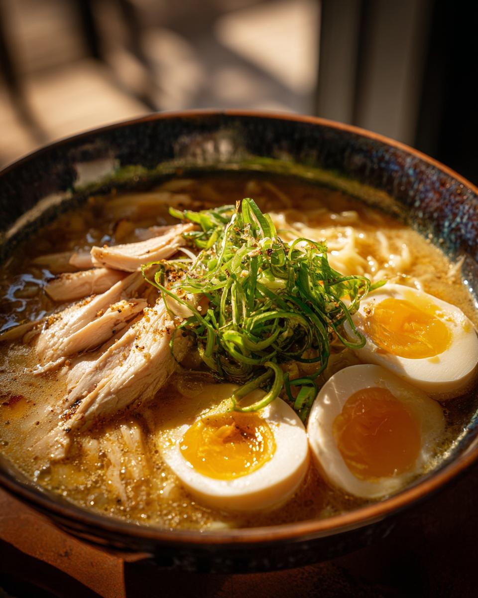 Close-up of an Upgraded Ramen Bowl with Garlic Butter, featuring chicken, eggs, and scallions.