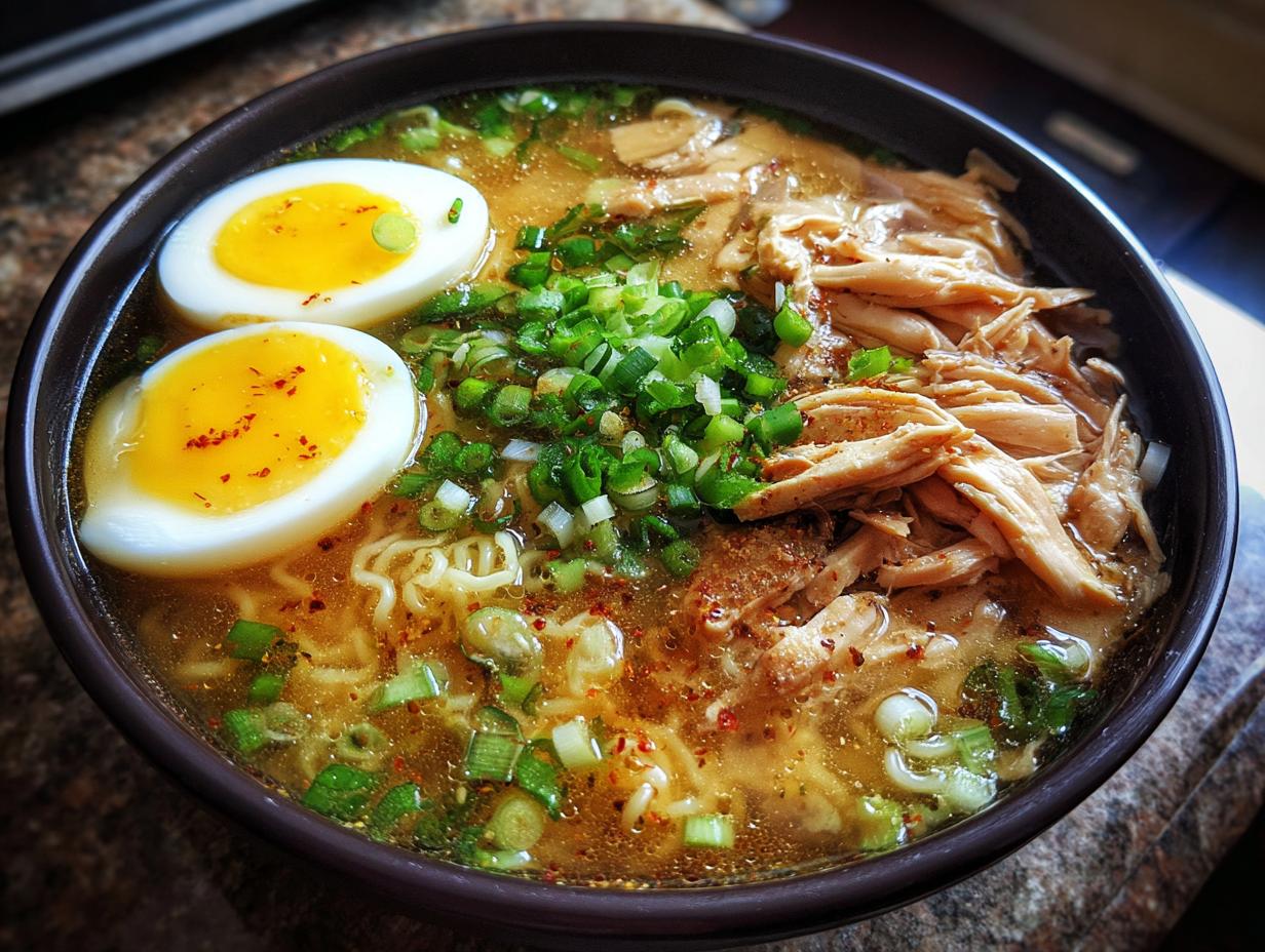 A close-up of an Upgraded Ramen Bowl with Garlic Butter, featuring noodles, egg, and chicken.