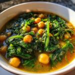 Close-up of a bowl of Vegan Chickpea & Spinach Soup, with chickpeas, spinach, and broth.
