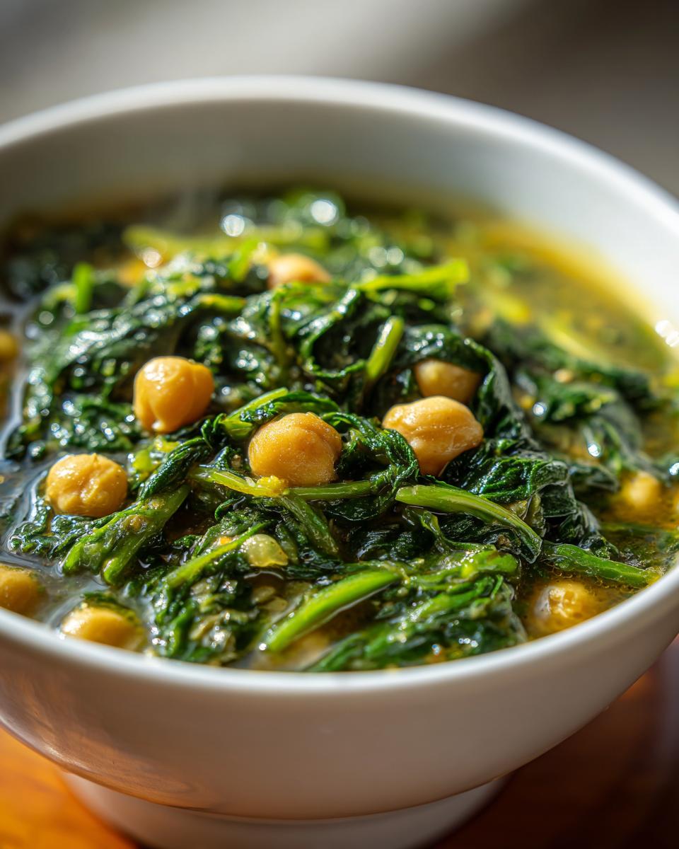 Close-up of a bowl of Vegan Chickpea & Spinach Soup, showing chickpeas and spinach.
