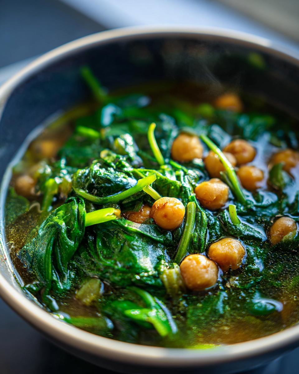 Close-up of a bowl of Vegan Chickpea & Spinach Soup with chickpeas and spinach.