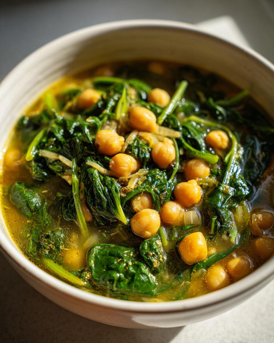 Close-up of a bowl of Vegan Chickpea & Spinach Soup, with chickpeas and spinach.