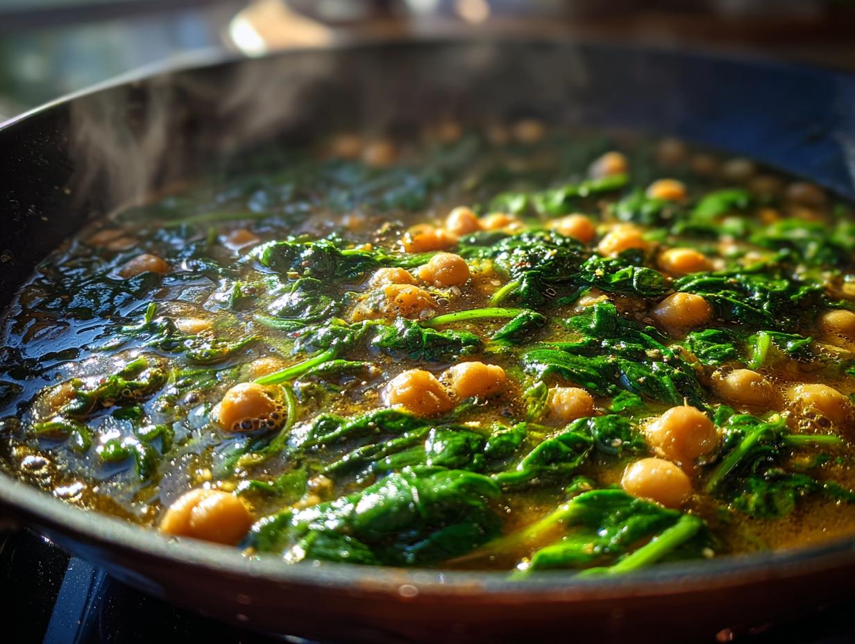 Close-up of a pot of Vegan Chickpea & Spinach Soup, with steam rising.