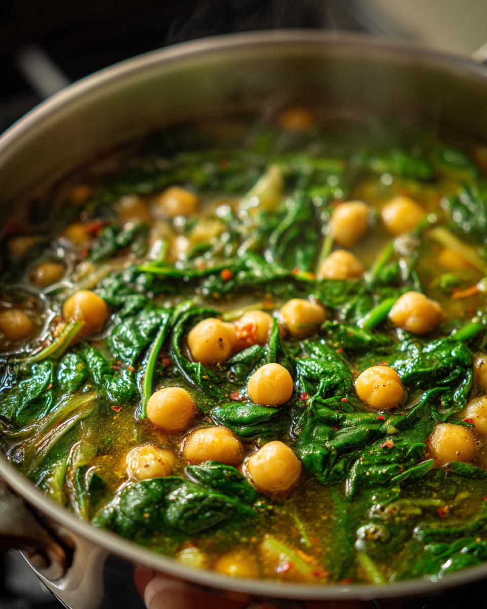 Close-up of a pot of Vegan Chickpea & Spinach Soup, with chickpeas and spinach.