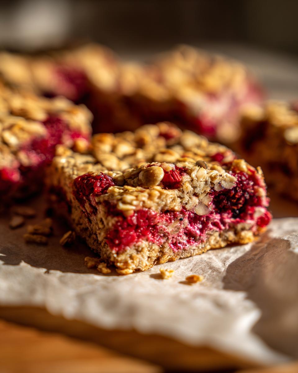 Close-up of a Vegan Raspberry Chia Breakfast Bar, showing the raspberry filling and oat topping.
