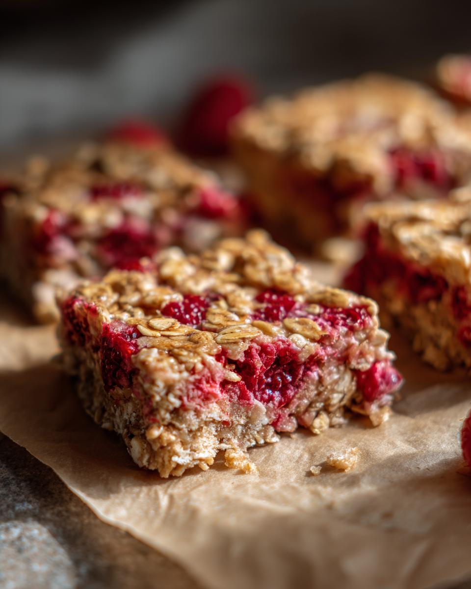 Close-up of a Vegan Raspberry Chia Breakfast Bar, showing layers of oats and fresh raspberries.