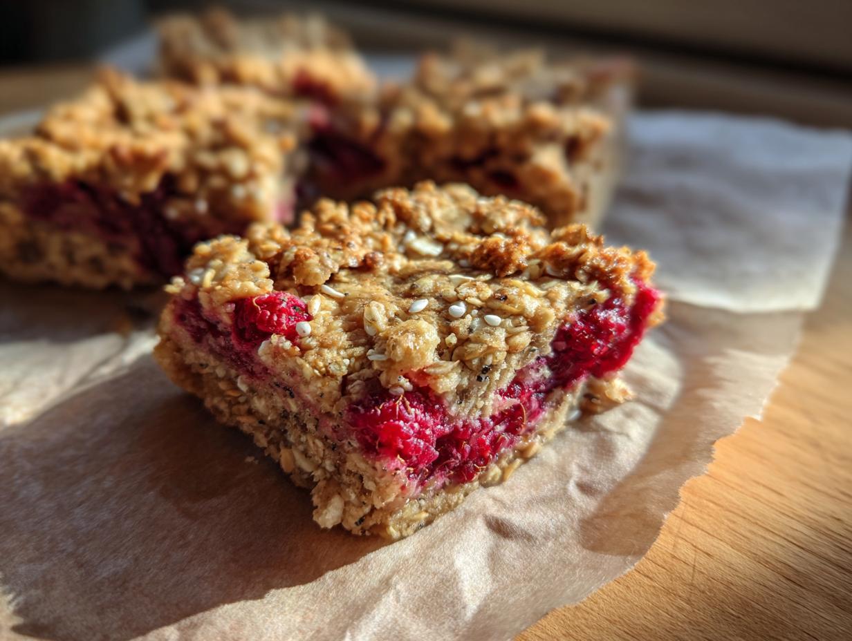 Close-up of a Vegan Raspberry Chia Breakfast Bar, showing the raspberry filling and oat topping.