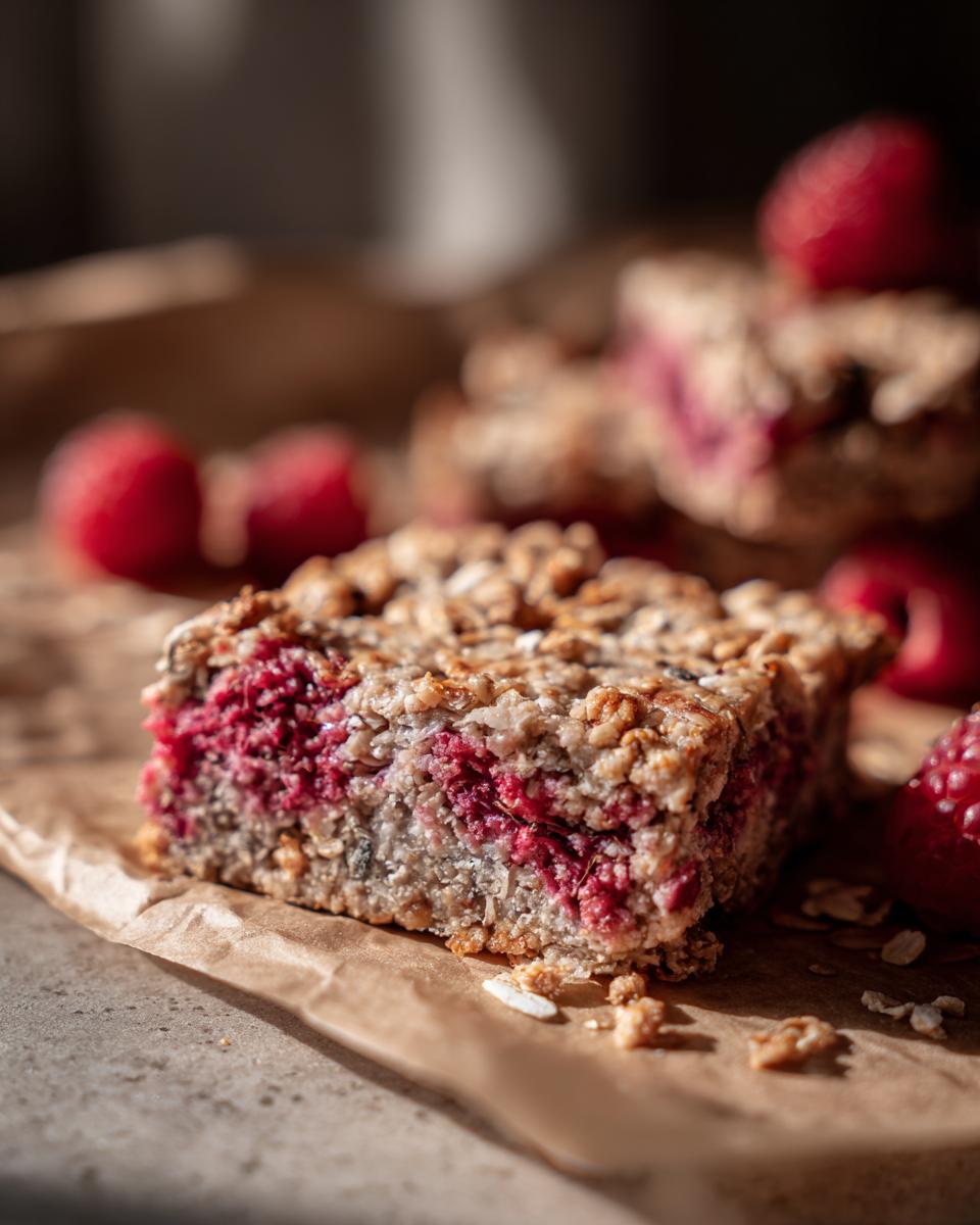Close-up of a slice of Vegan Raspberry Chia Breakfast Bars with fresh raspberries.