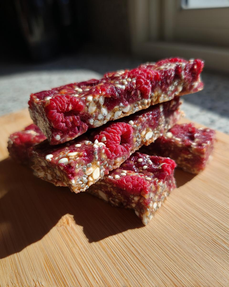 Pile of delicious Vegan Raspberry Chia Breakfast Bars on a wooden board.