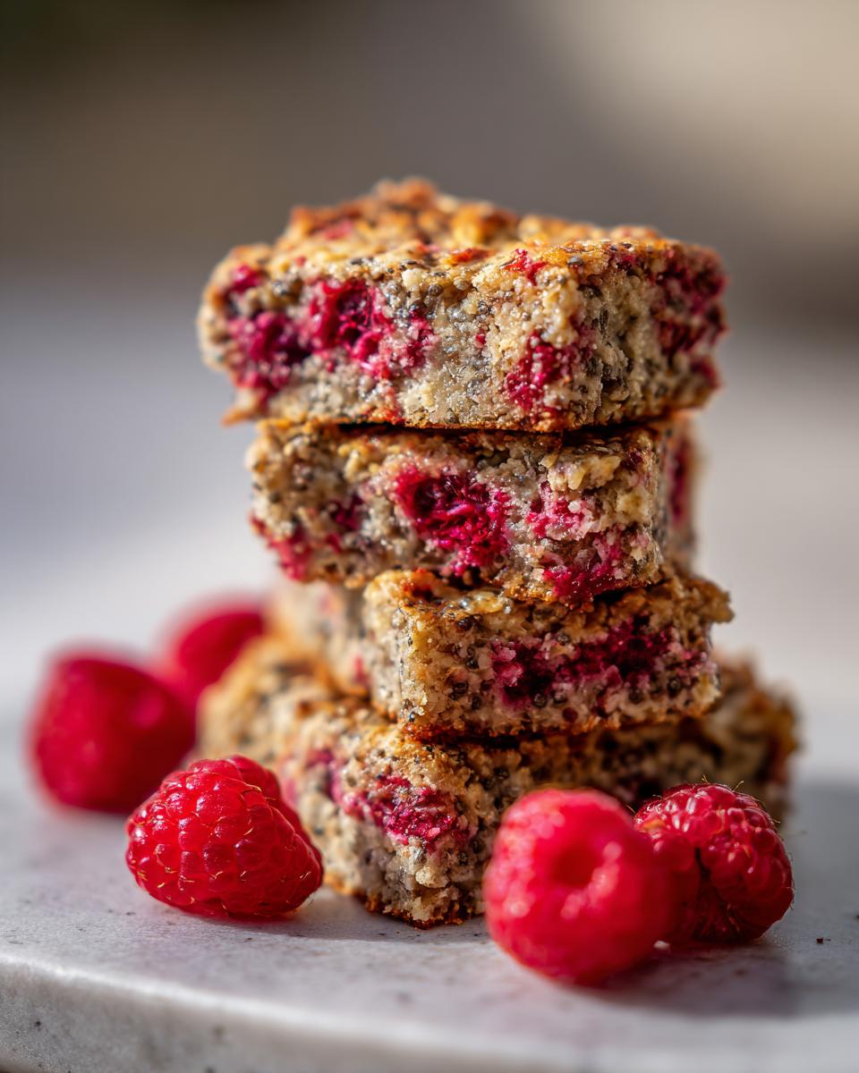 Stack of Vegan Raspberry Chia Breakfast Bars with fresh raspberries.