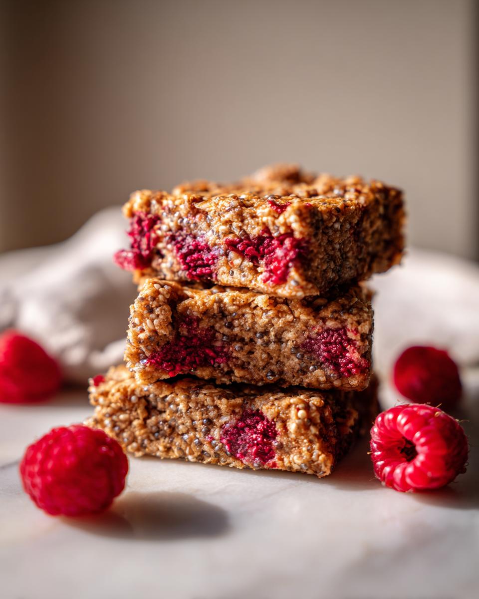 Close-up of a stack of Vegan Raspberry Chia Breakfast Bars with fresh raspberries.