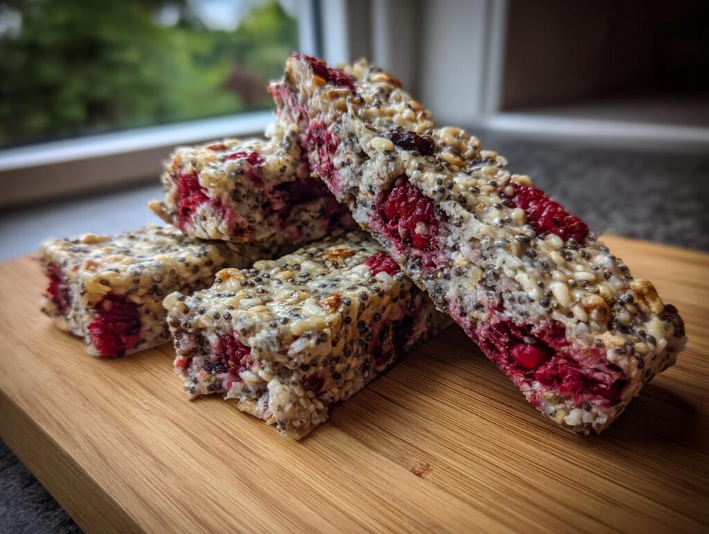 Close-up of stacked Vegan Raspberry Chia Breakfast Bars on a wooden board, showing raspberries and chia seeds.