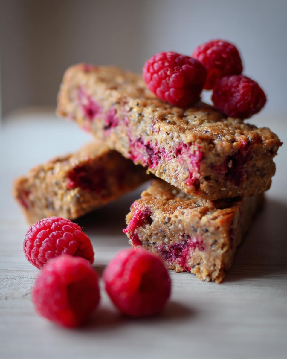 Close-up of stacked Vegan Raspberry Chia Breakfast Bars topped with fresh raspberries.