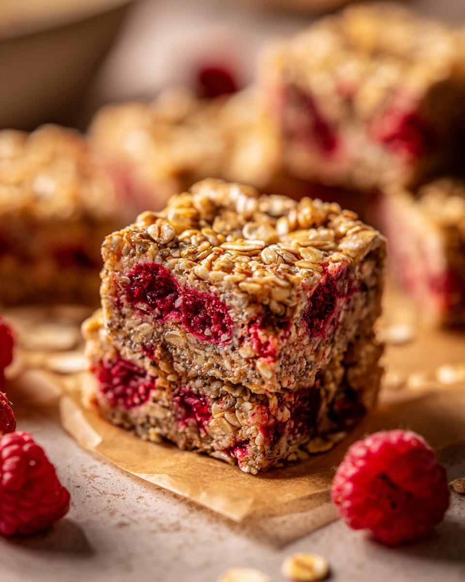 Close-up of stacked Vegan Raspberry Chia Breakfast Bars with fresh raspberries.