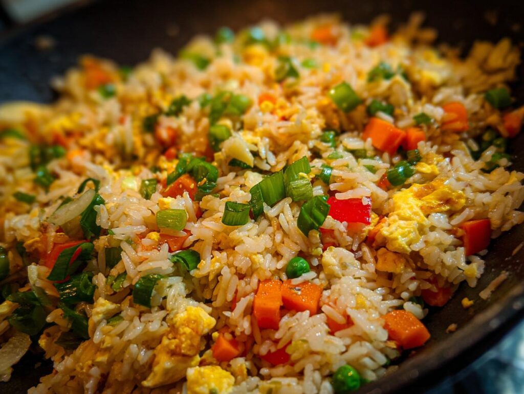 Close-up of Easy Veggie Fried Rice with Egg in a wok, showing rice, vegetables, and scrambled egg.