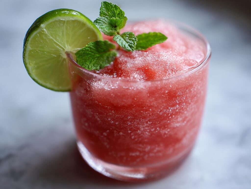 Close-up of a Watermelon Margarita Sorbet Float in a glass, garnished with lime and mint.