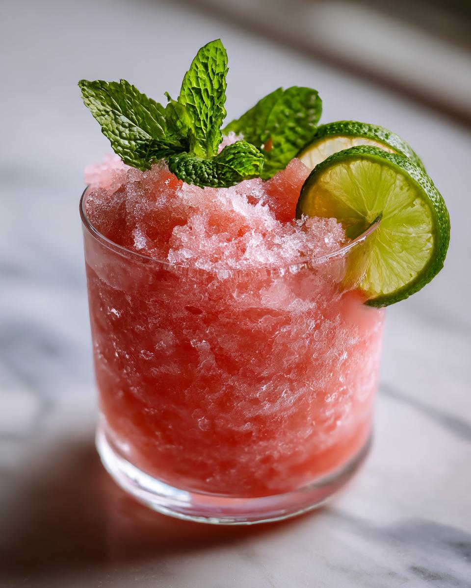 Close-up of a Watermelon Margarita Sorbet Float garnished with lime and mint.