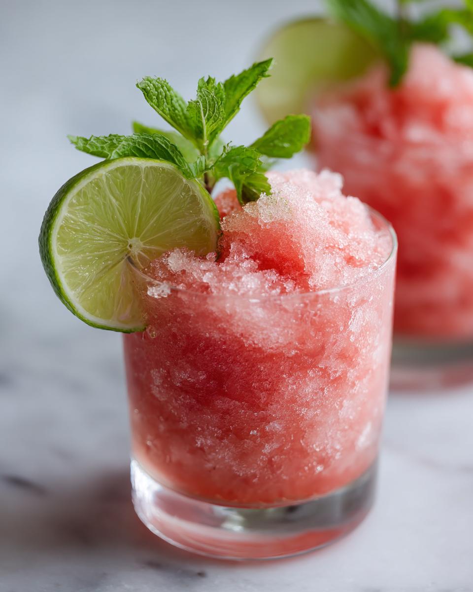 Close-up of a Watermelon Margarita Sorbet Float garnished with lime and mint.