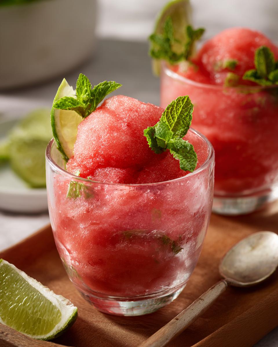 Close-up of a Watermelon Margarita Sorbet Float in a glass, garnished with mint and lime.