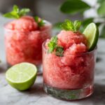 Two glasses filled with Watermelon Margarita Sorbet Floats, garnished with mint and lime.