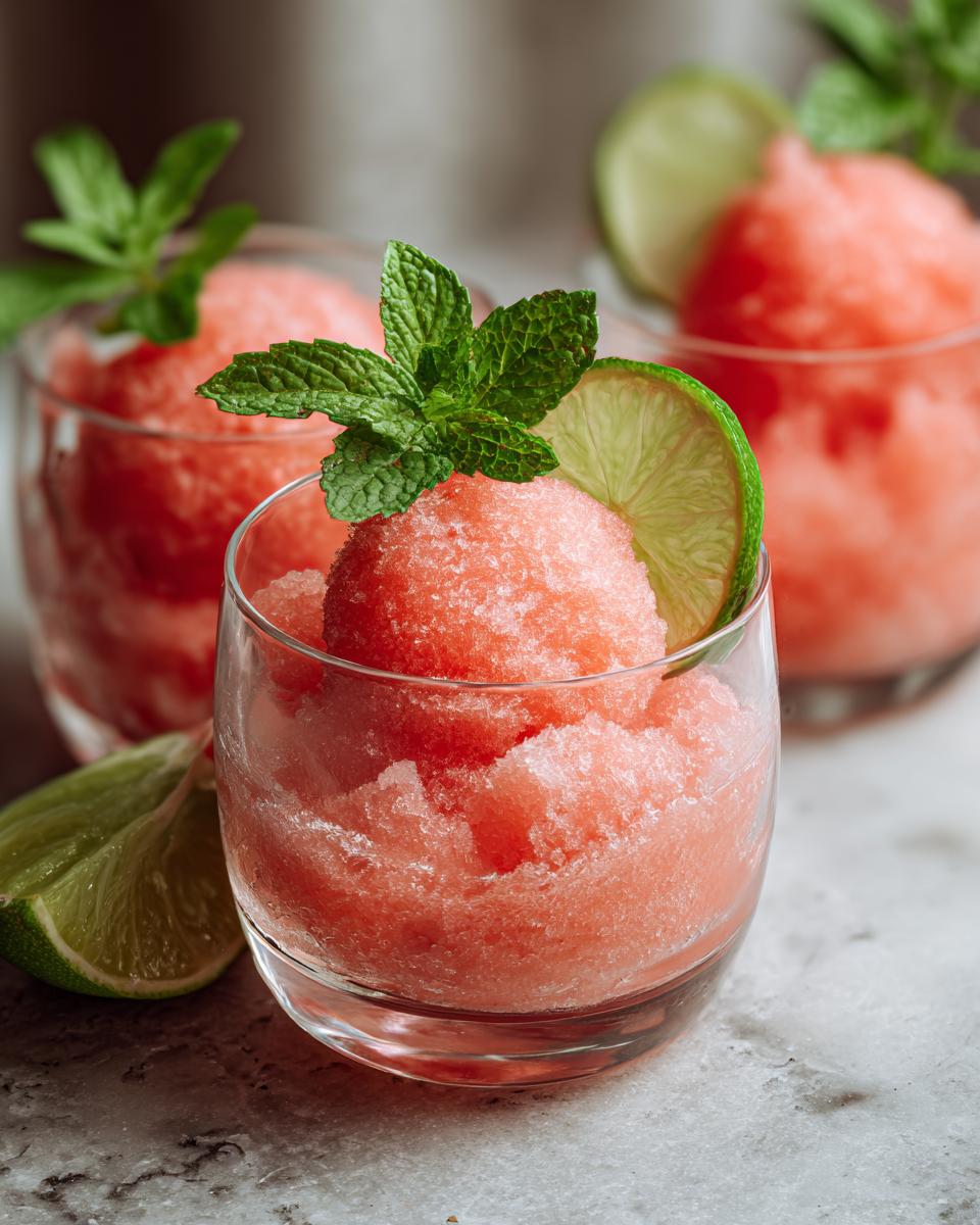 Close-up of Watermelon Margarita Sorbet Floats in glasses, garnished with mint and lime.