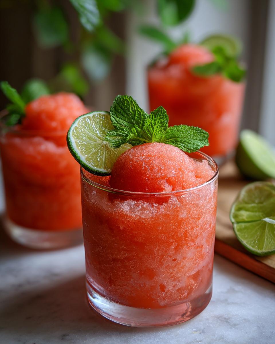 Close-up of Watermelon Margarita Sorbet Floats garnished with lime and mint.
