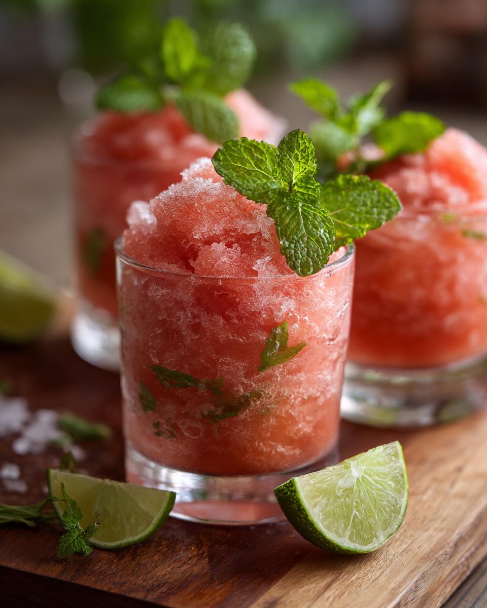 Three glasses of Watermelon Margarita Sorbet Floats garnished with mint and lime.