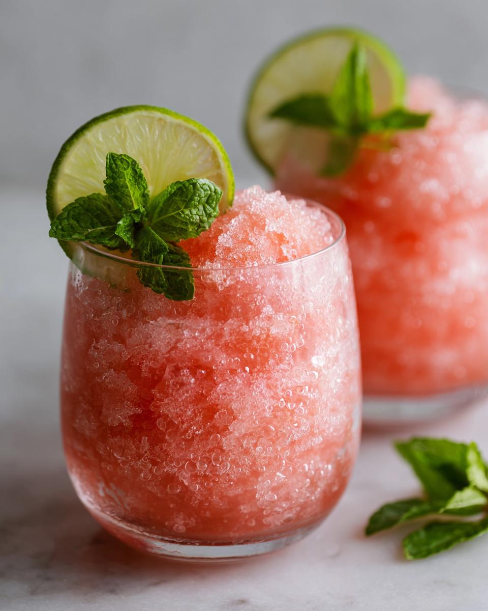 Close-up of Watermelon Margarita Sorbet Floats in glasses, garnished with lime and mint.