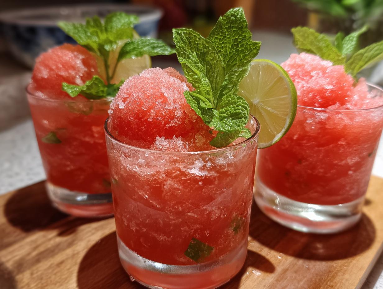 Three glasses of Watermelon Margarita Sorbet Floats garnished with mint and lime.