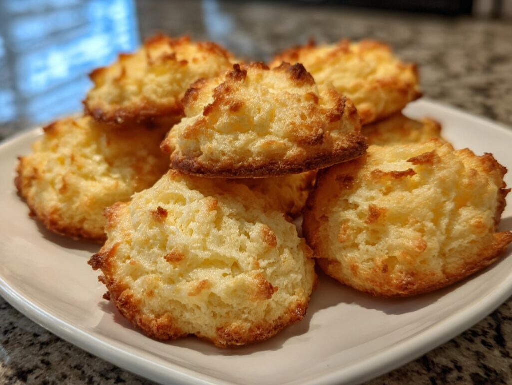 A close-up of a stack of golden-brown whipped shortbread cookies on a white plate.