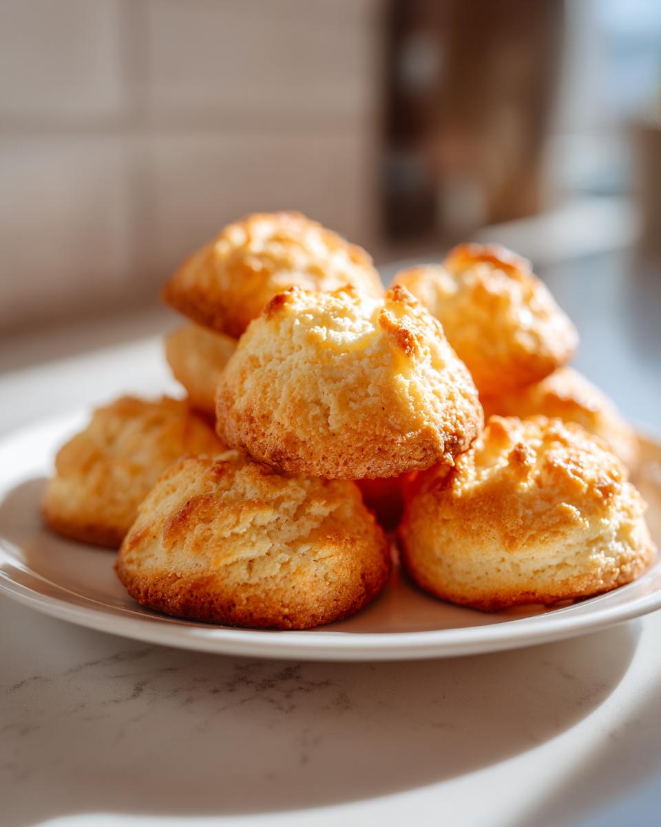 A close-up of a stack of golden-brown Whipped Shortbread Cookies on a white plate.