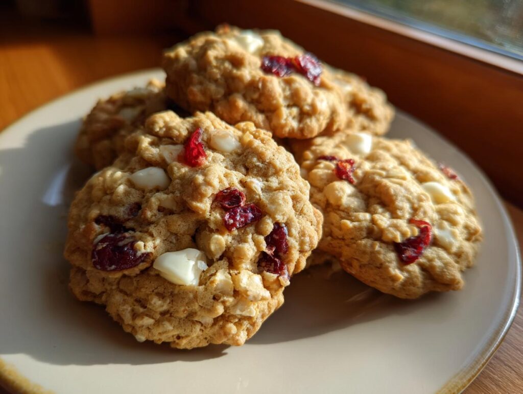 Close-up of a plate of White Chocolate Cranberry Oatmeal Cookies, with cranberries and white chocolate chips visible.