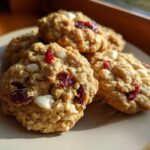 Close-up of a plate of White Chocolate Cranberry Oatmeal Cookies, with cranberries and white chocolate chips visible.