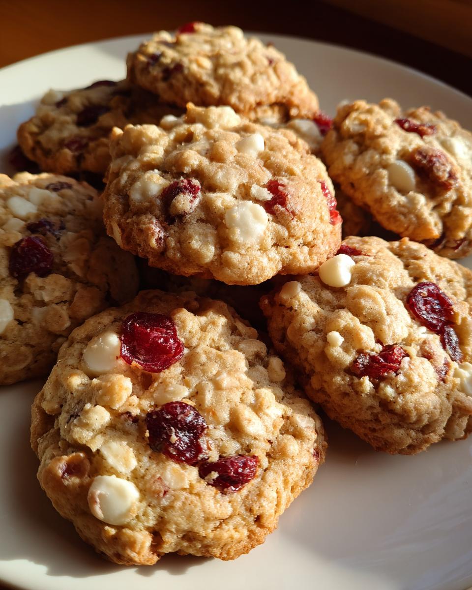 Pile of delicious White Chocolate Cranberry Oatmeal Cookies on a white plate, with white chocolate chips and cranberries visible.