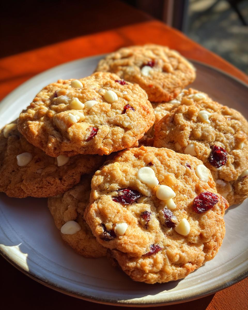 Pile of delicious White Chocolate Cranberry Oatmeal Cookies on a plate, ready to be enjoyed.
