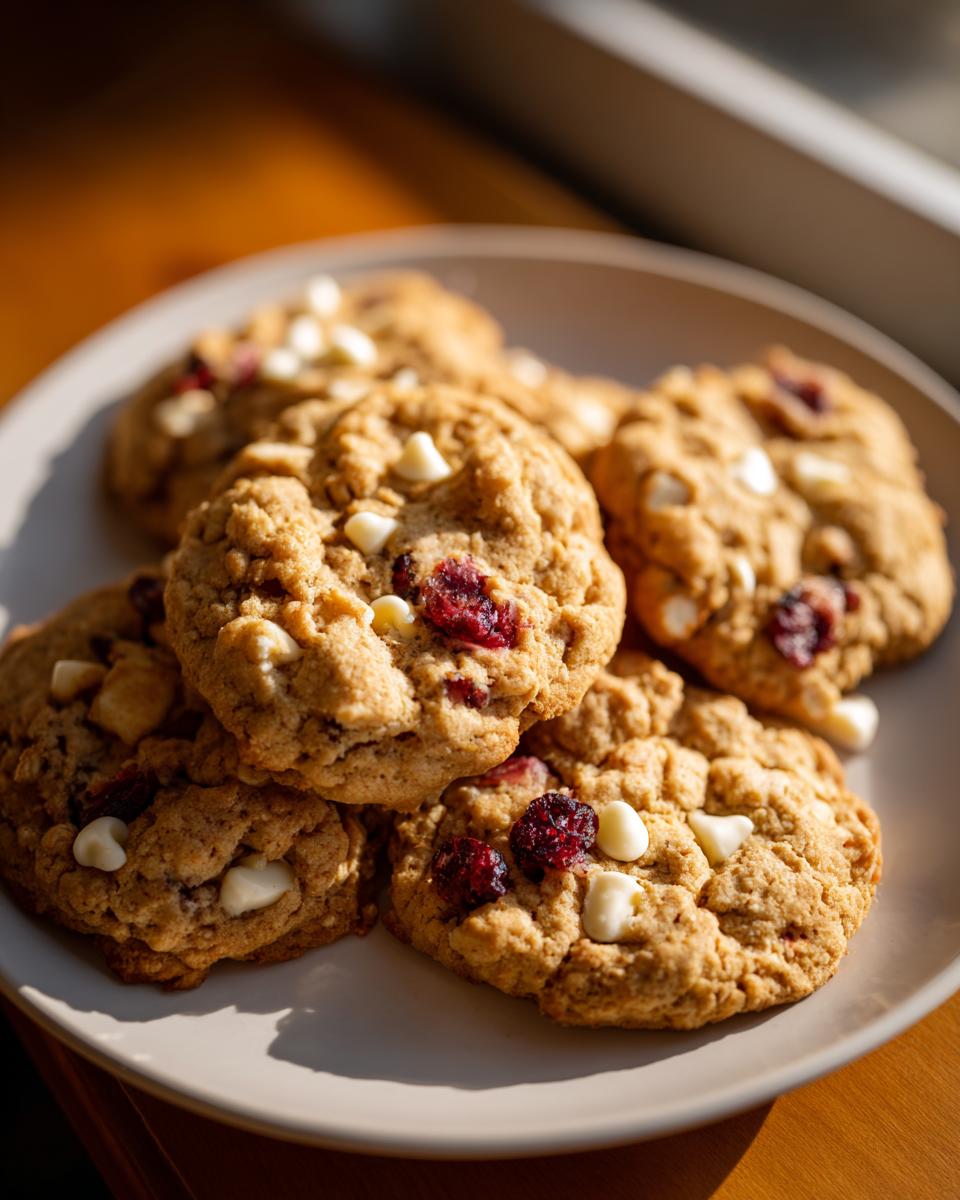 A plate of freshly baked White Chocolate Cranberry Oatmeal Cookies, ready to be enjoyed.