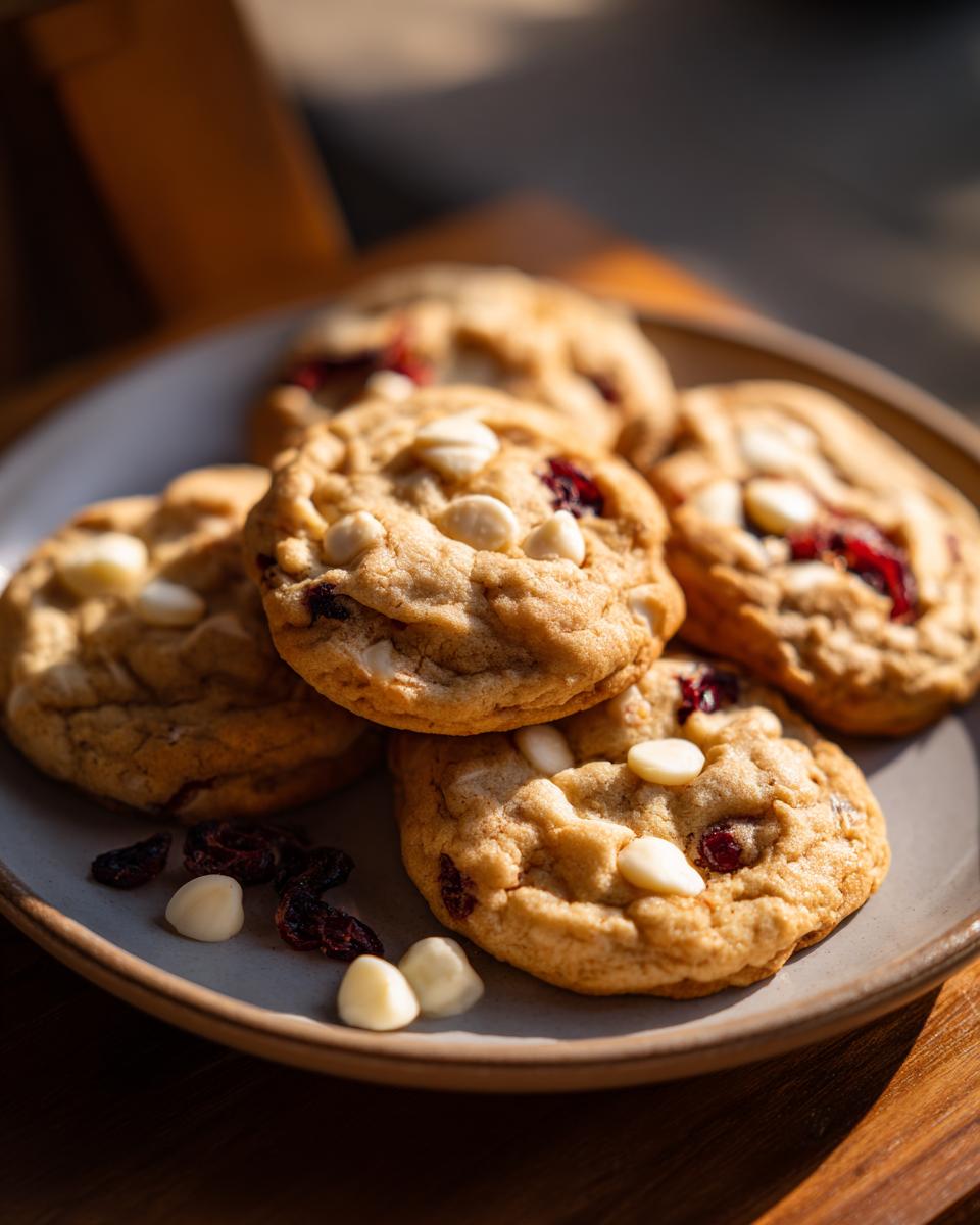Pile of delicious White Chocolate Cranberry Oatmeal Cookies on a plate, with white chocolate chips and cranberries visible.