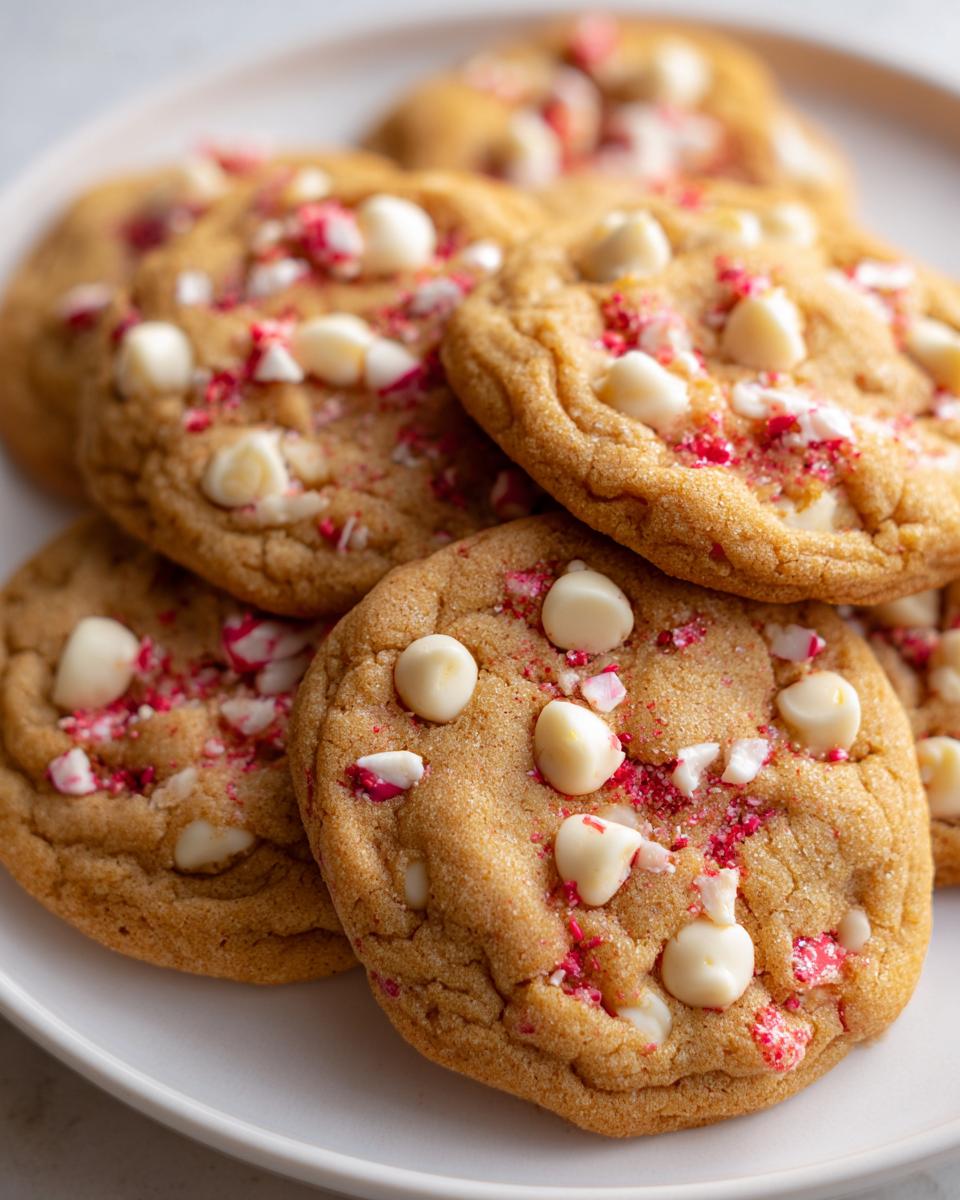 Close-up of White Chocolate Peppermint Crunch Cookies on a white plate, with white chocolate chips and crushed peppermint.