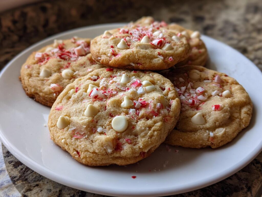 Close-up of a plate of White Chocolate Peppermint Crunch Cookies, with white chocolate chips and crushed peppermint.