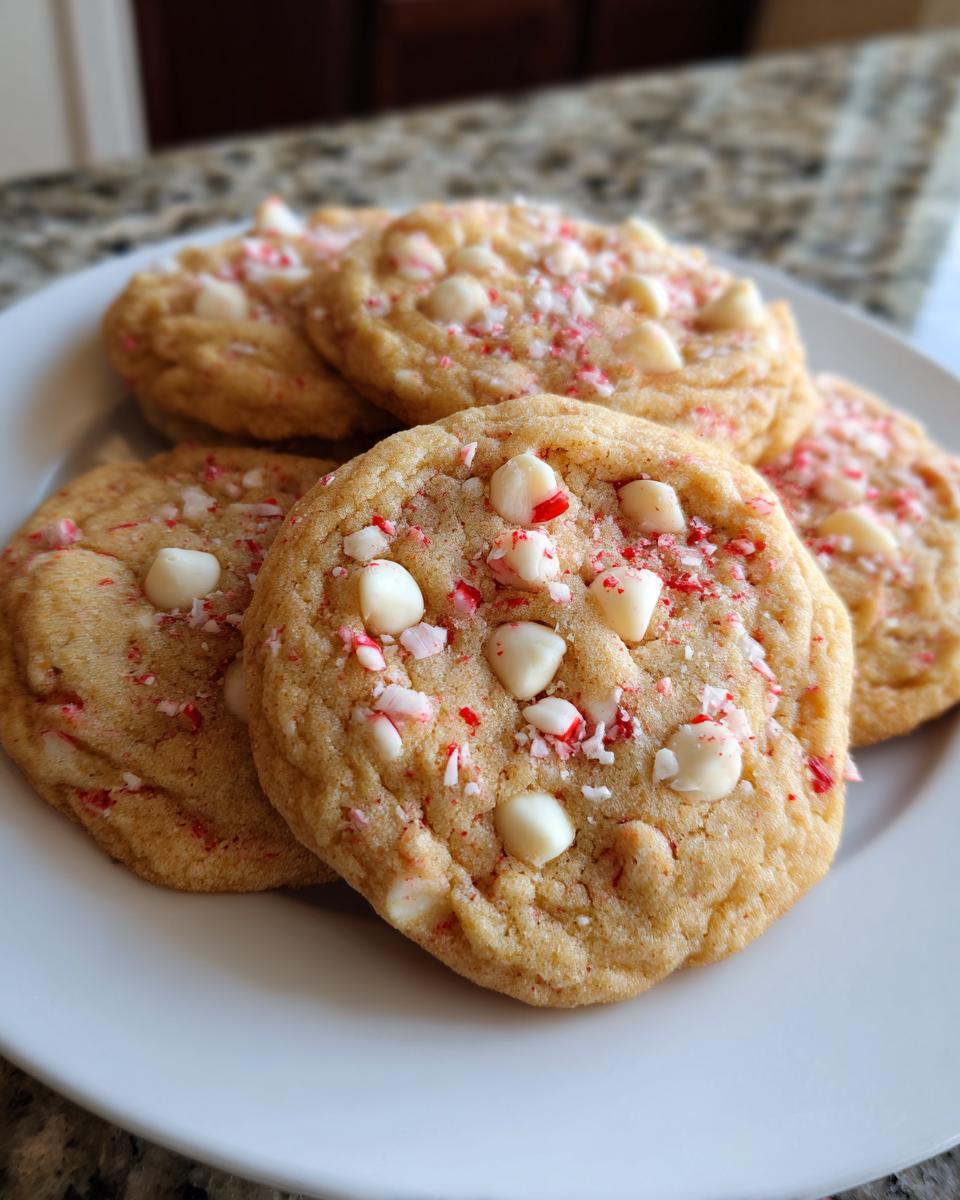 Pile of delicious White Chocolate Peppermint Crunch Cookies on a white plate, topped with white chocolate chips and crushed peppermint.