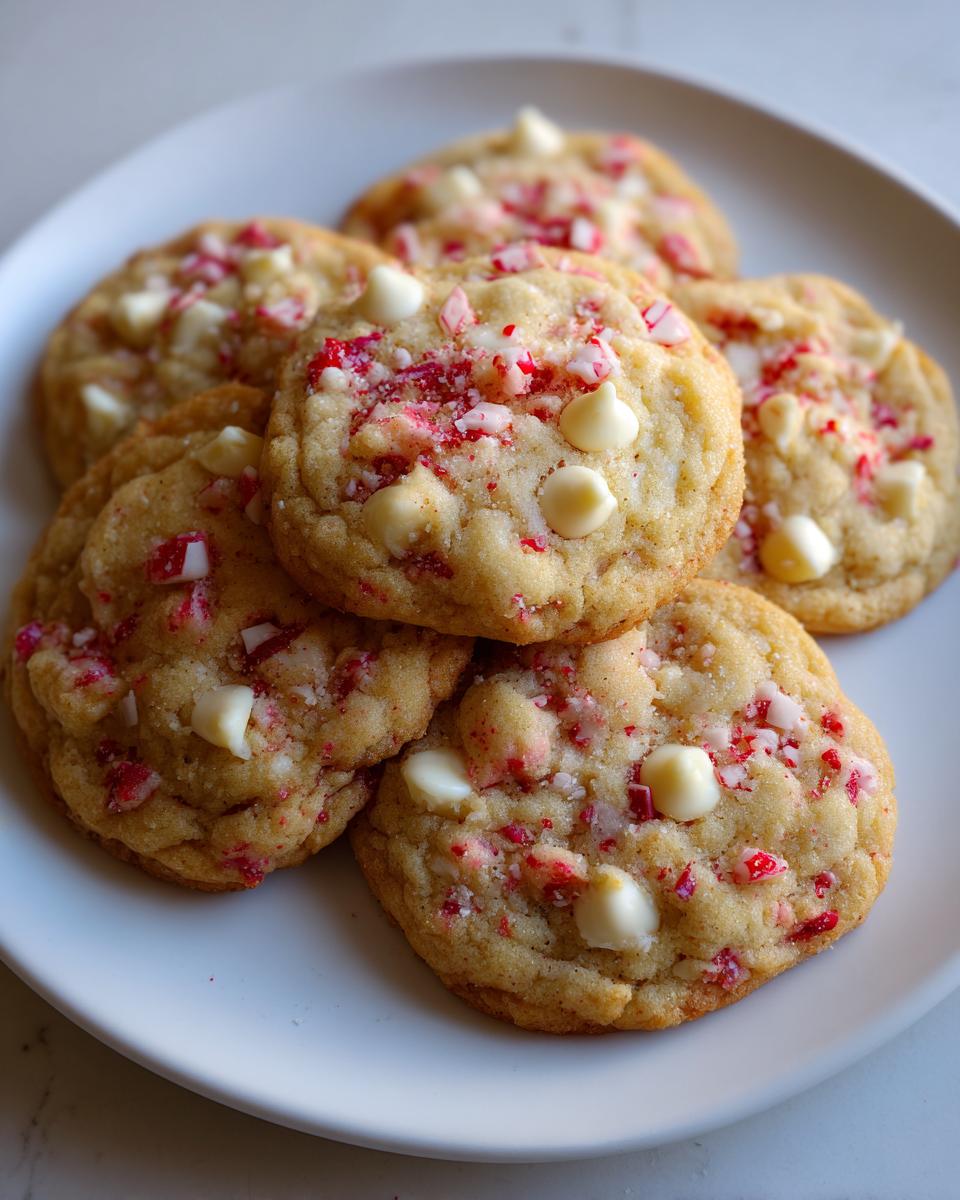 Close-up of a plate of White Chocolate Peppermint Crunch Cookies, showing peppermint pieces and white chocolate chips.