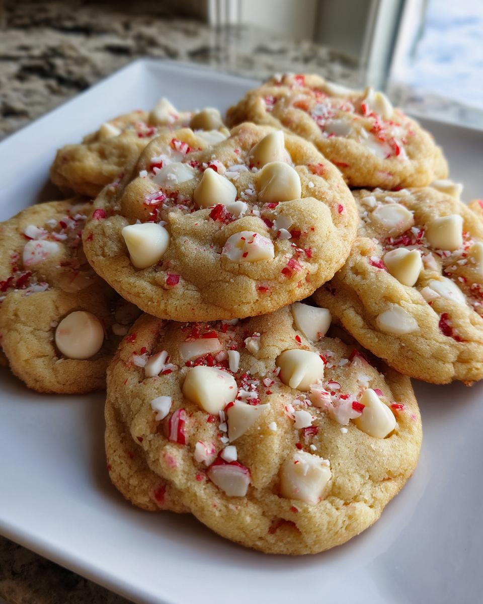 Pile of delicious White Chocolate Peppermint Crunch Cookies on a white plate, perfect for the holidays.