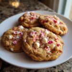 Close-up of four White Chocolate Peppermint Crunch Cookies on a white plate, showing the peppermint and chocolate.